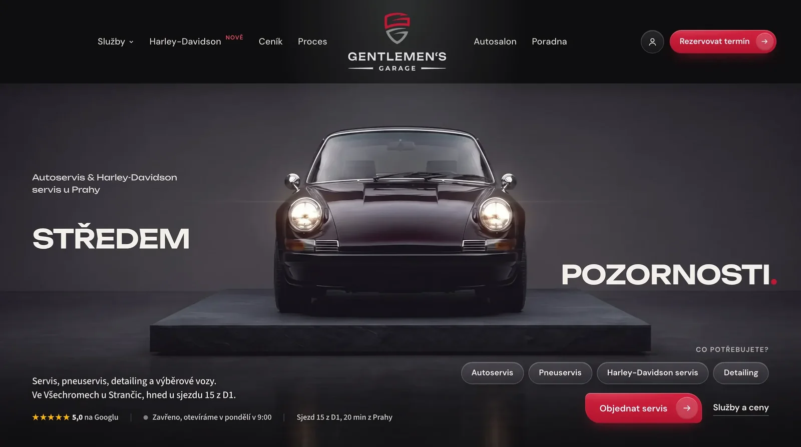 Úvodní stránka webu Gentlemen’s Garage: autoservis a&nbsp;Harley-Davidson servis u&nbsp;Prahy
