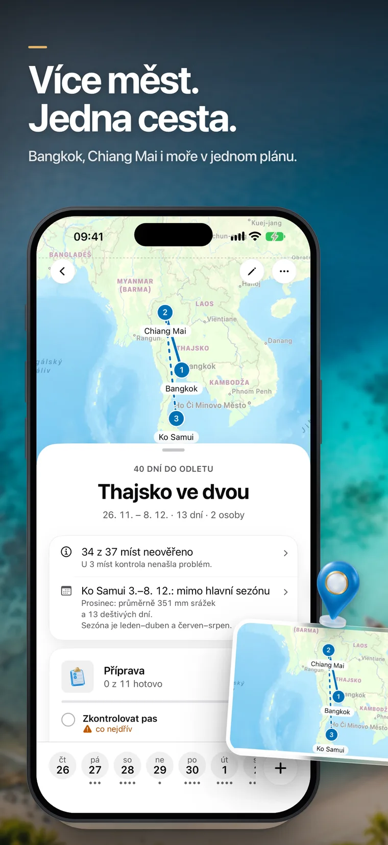 „Více měst. Jedna cesta.“ Plán cesty rozdělený do etap se zastávkami na mapě.